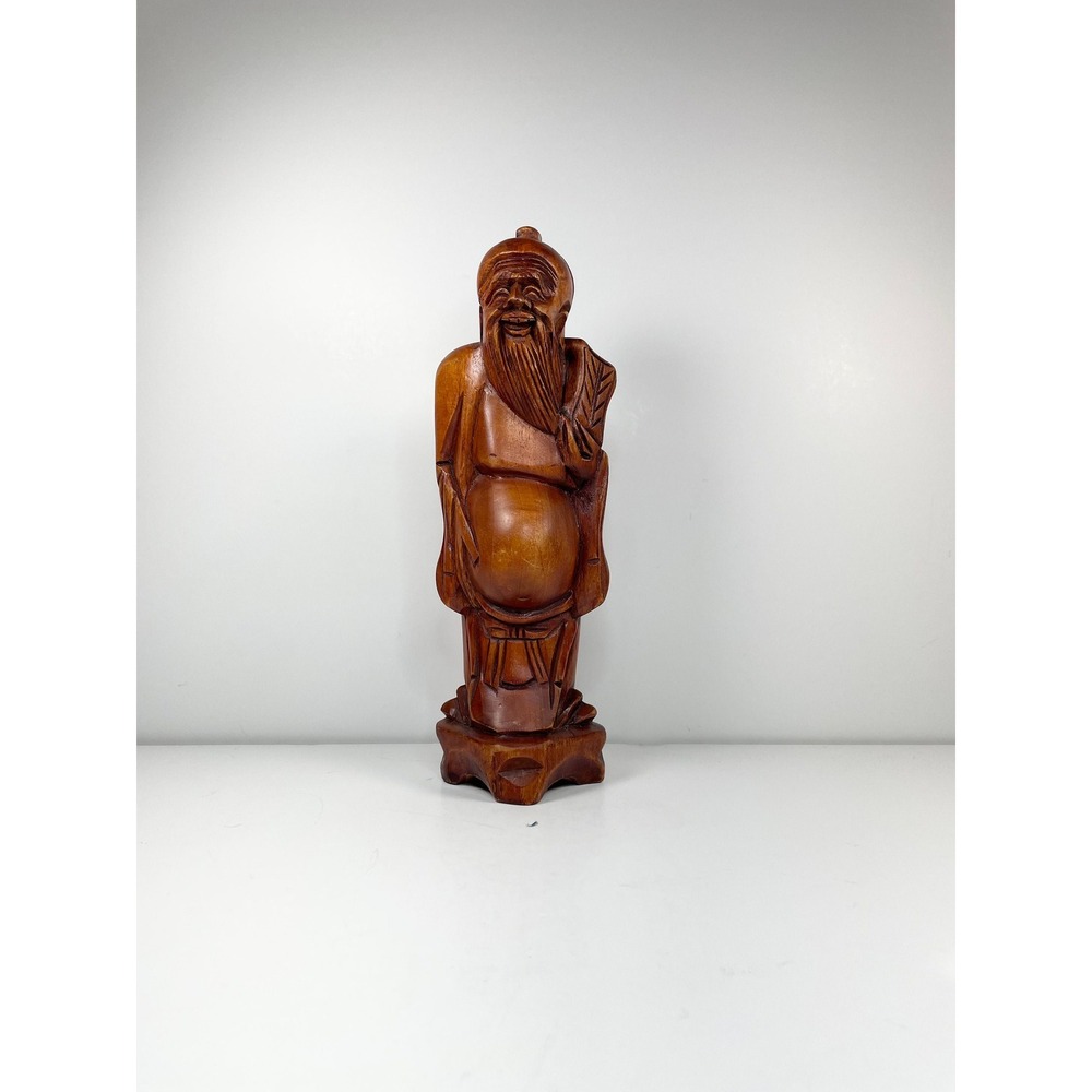 Vintage Hand Carved‎ Asian Wood Statue: Old Wise Man Decor 9.5" tall